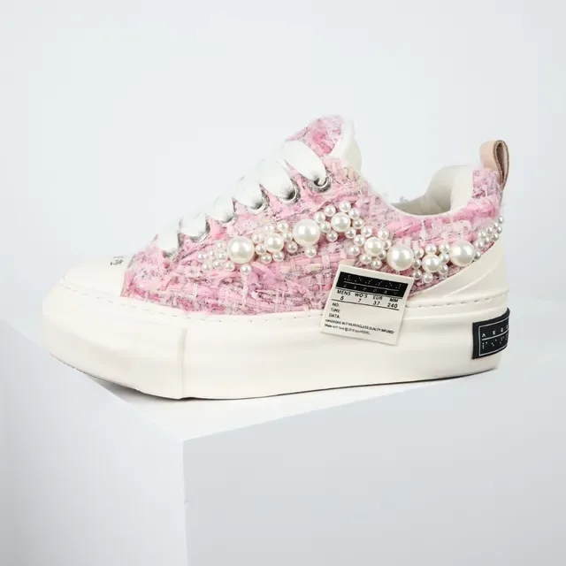 Pink Tweed Pearl-Embellished Platform Sneaker 9