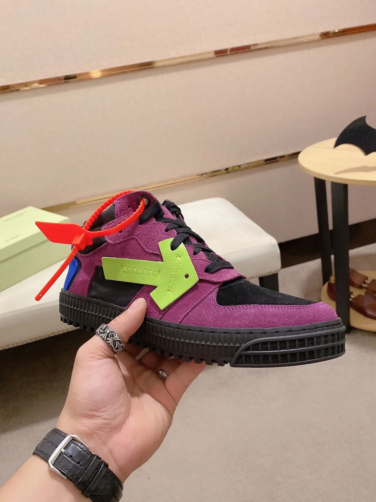 Purple Black Lime Green High-Top Suede Sneaker 7