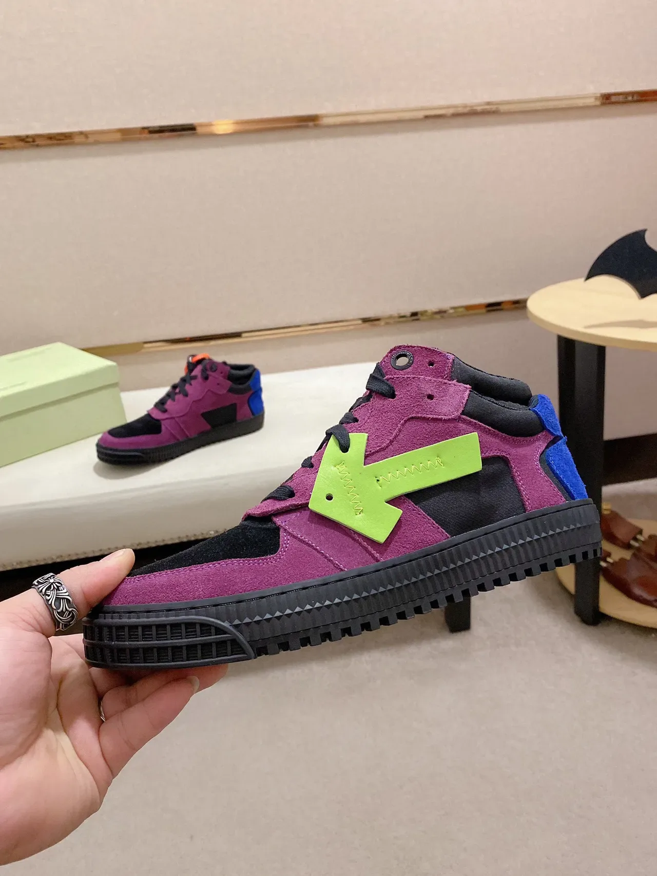 Purple Black Lime Green High-Top Suede Sneaker 8