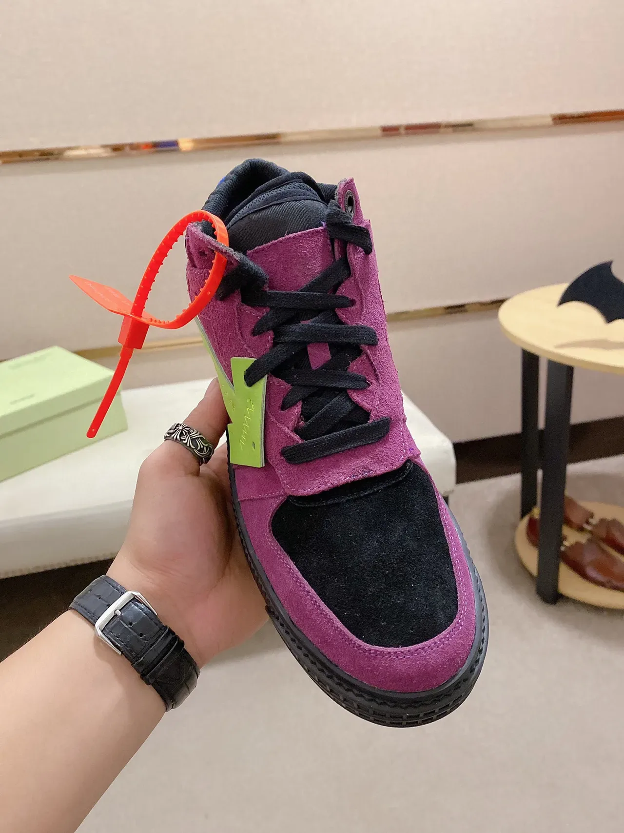 Purple Black Lime Green High-Top Suede Sneaker 9