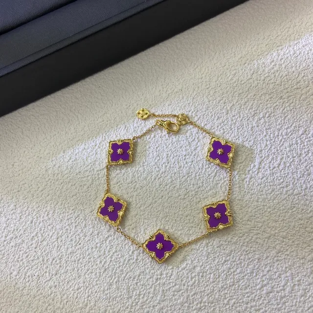 Purple Gold Chain Enamel Floral Charms Bracelet 3