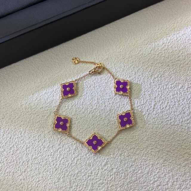 Purple Gold Chain Enamel Floral Charms Bracelet 4