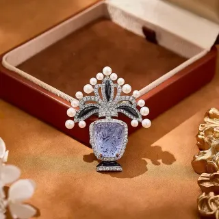Purple White Carved Lavender Stone Pearl Halo Brooch