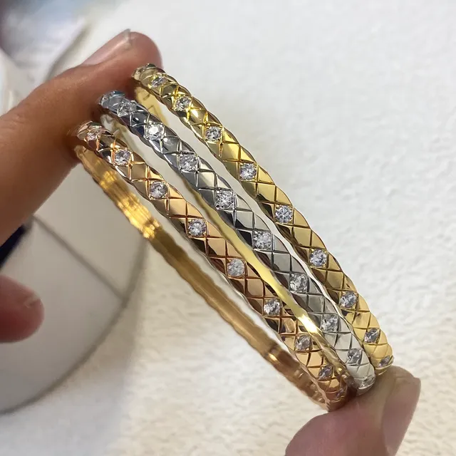 Quilted Diamond-Pattern Pave Stone Bangle Bracelets 2