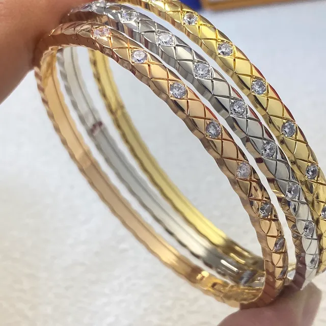 Quilted Diamond-Pattern Pave Stone Bangle Bracelets 7