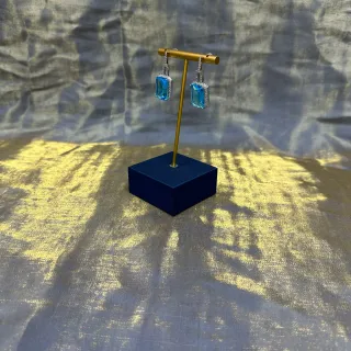 Rectangular Blue Gemstone Pavé Halo Dangling Earrings