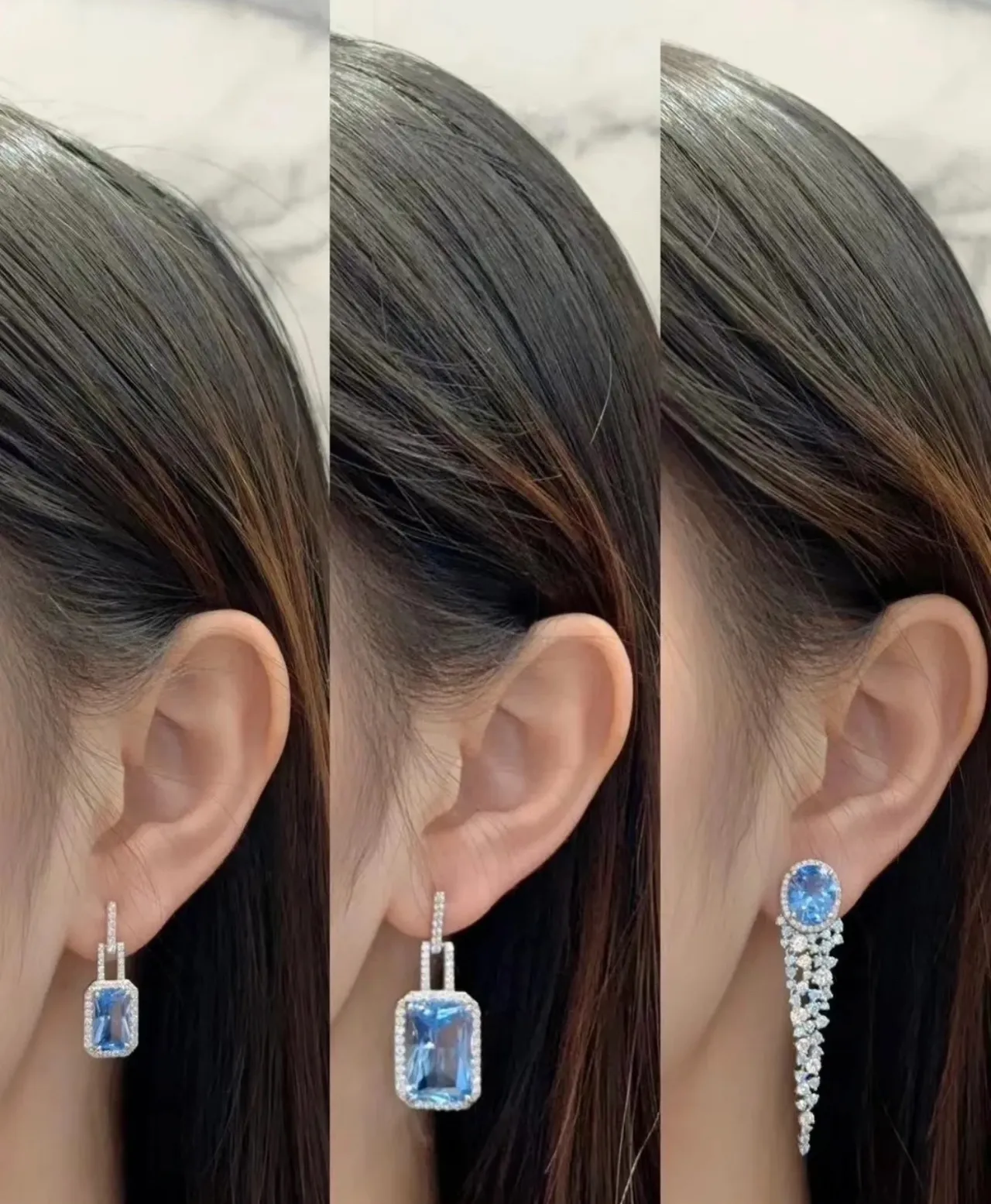 Rectangular Blue Gemstone Pavé Halo Dangling Earrings 3