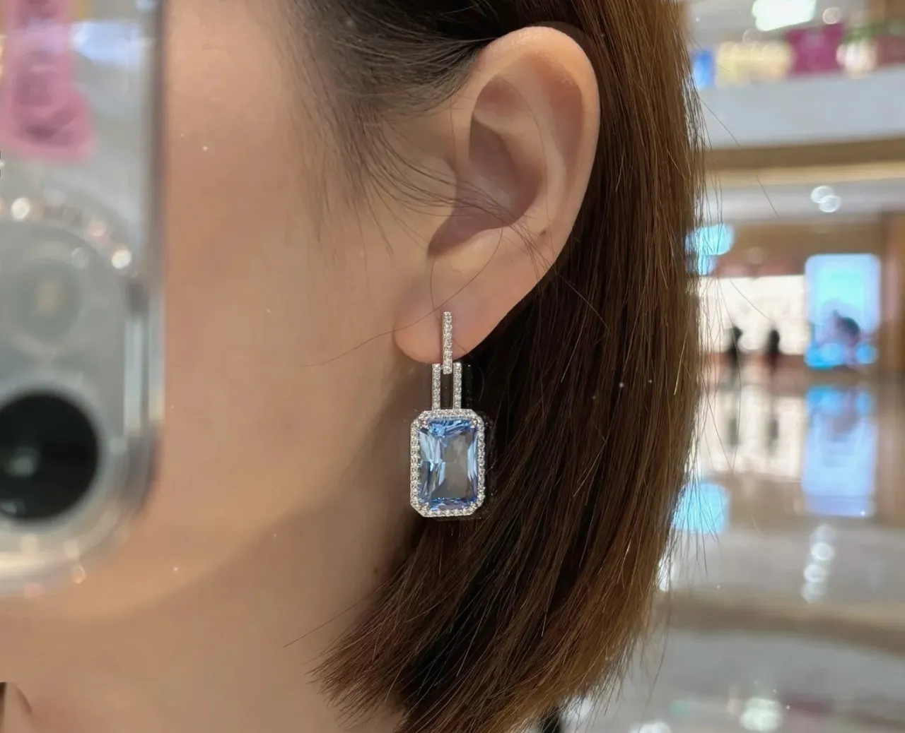Rectangular Blue Gemstone Pavé Halo Dangling Earrings 4