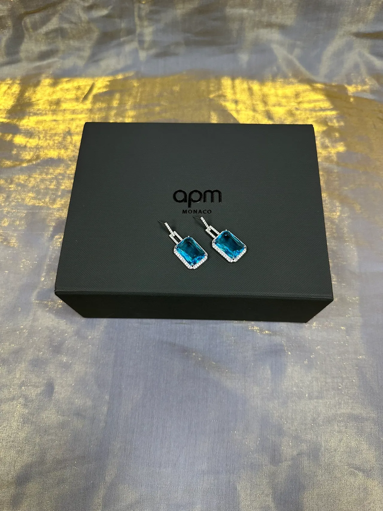 Rectangular Blue Gemstone Pavé Halo Dangling Earrings 6