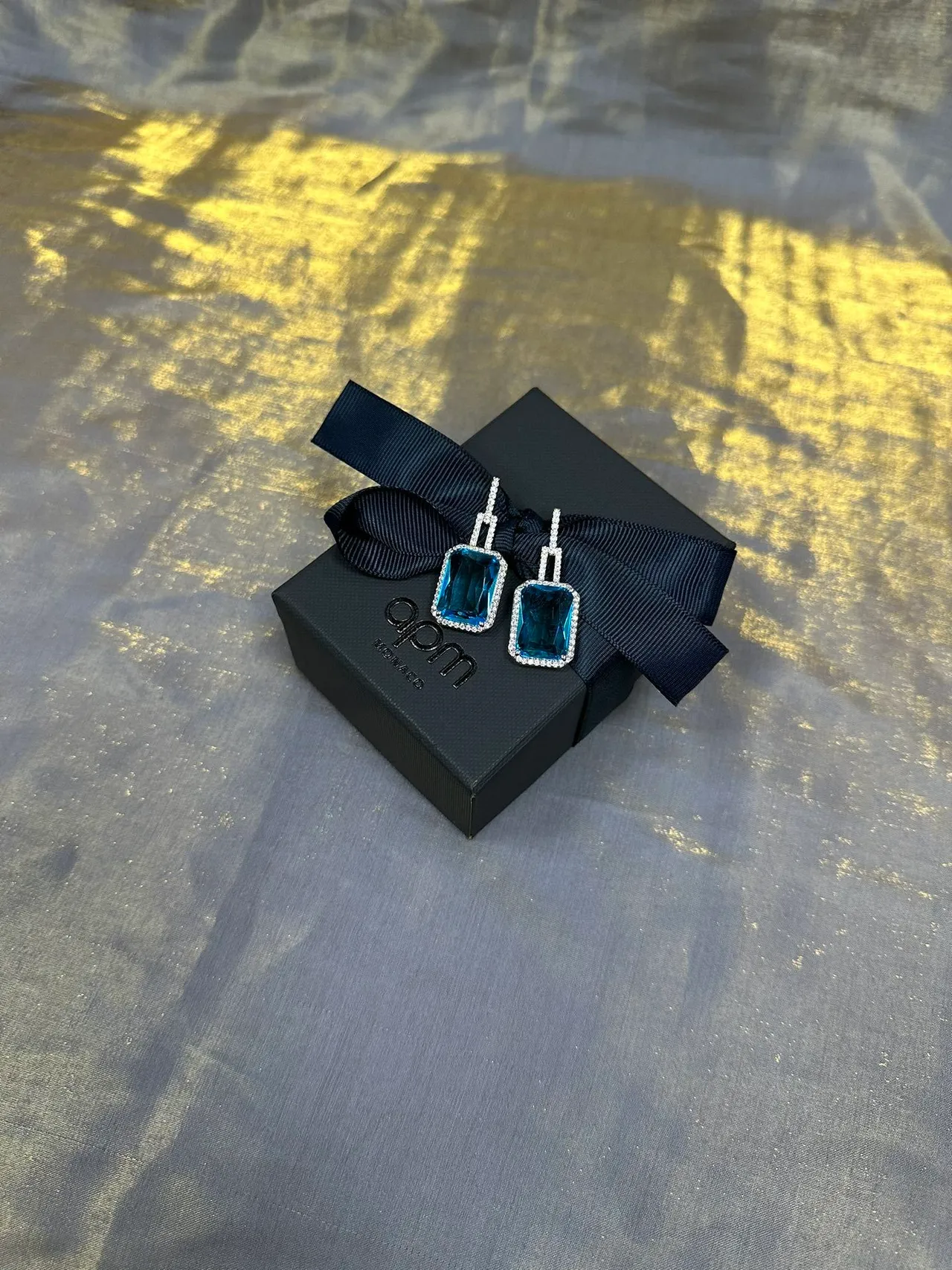 Rectangular Blue Gemstone Pavé Halo Dangling Earrings 7