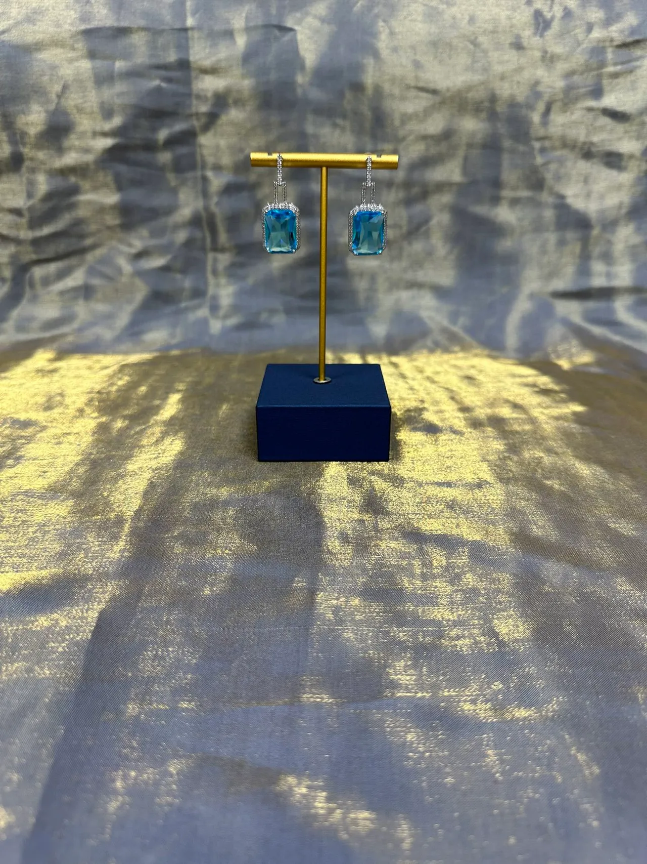 Rectangular Blue Gemstone Pavé Halo Dangling Earrings 9