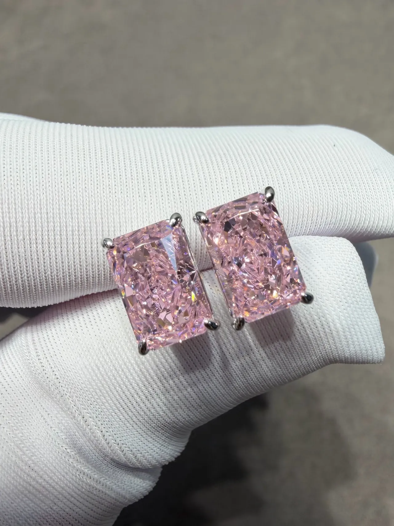 Rectangular Prong-Set Pink Faceted Gemstone Stud Earrings 2