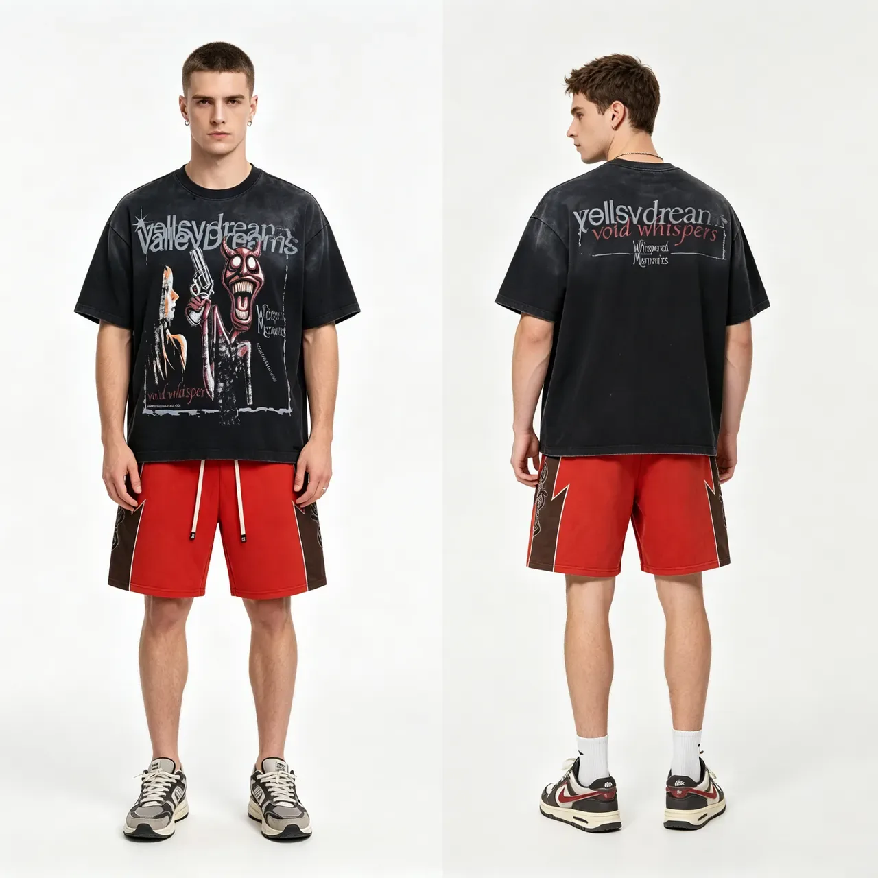 Red and Brown Contrast Panel Drawstring Shorts 3