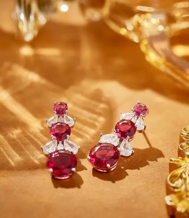 Red and Clear Gemstone Cascade Earrings 6