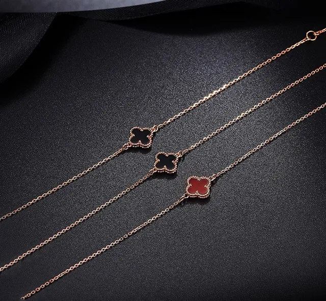 Red Gold Four-Leaf Clover Pendant Rose Tone Bracelet 2