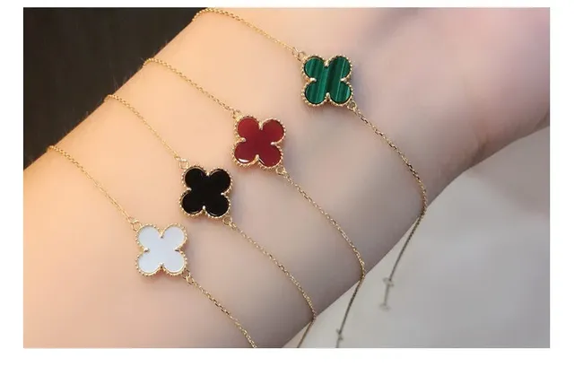 Red Gold Four-Leaf Clover Pendant Rose Tone Bracelet 4