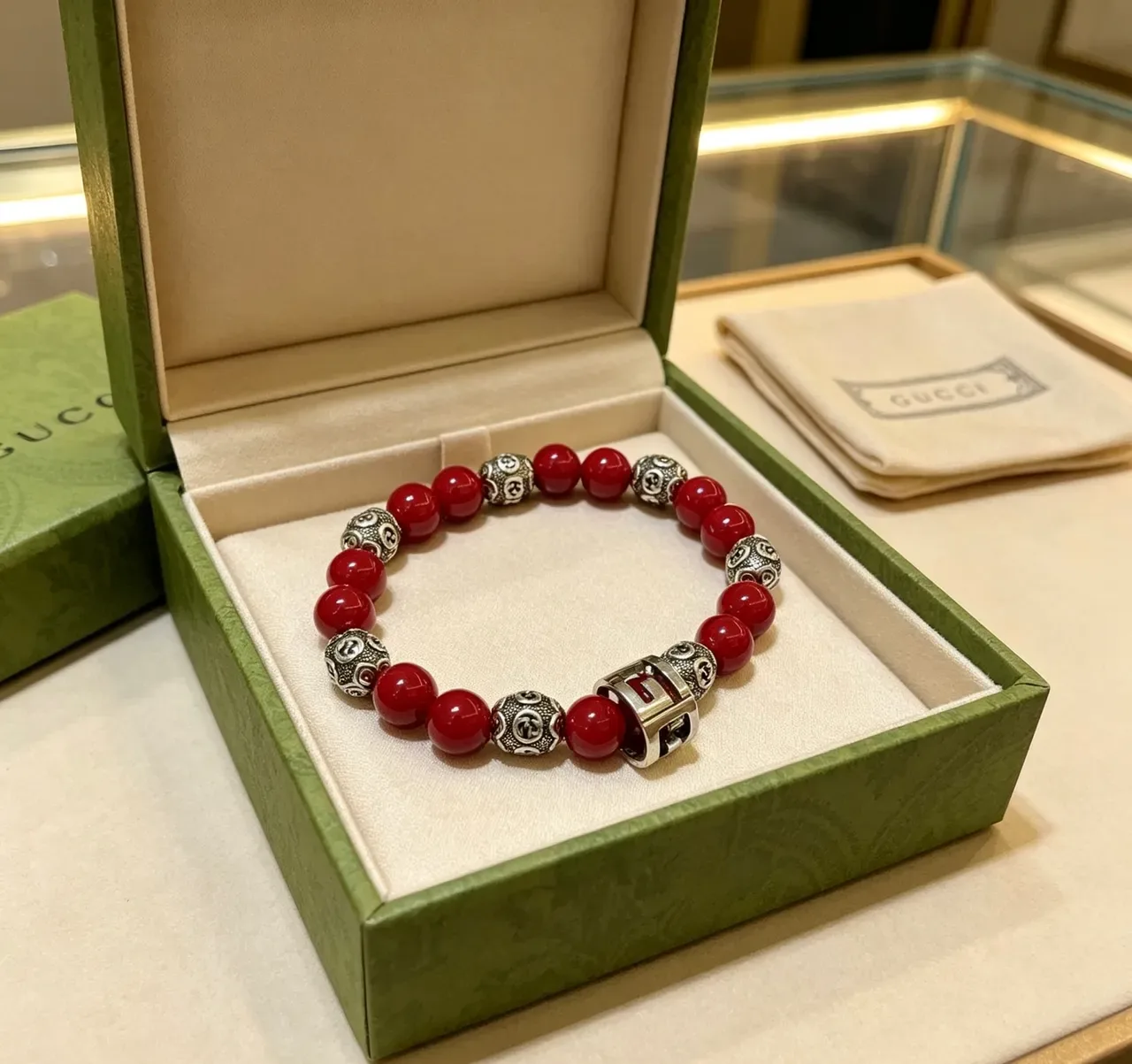 Red Silver Beaded Glossy Agate-Style Bracelet 4