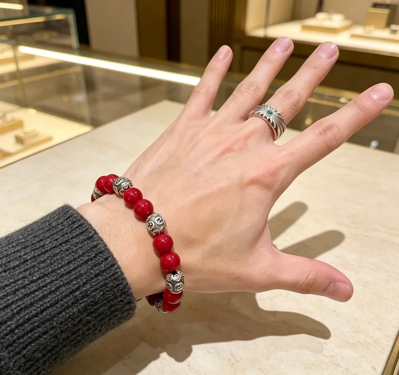 Red Silver Beaded Glossy Agate-Style Bracelet 5