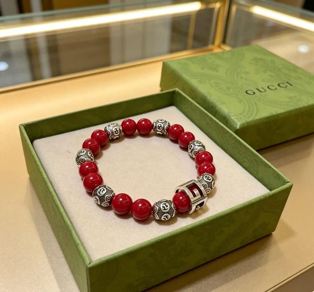Red Silver Beaded Glossy Agate-Style Bracelet 7