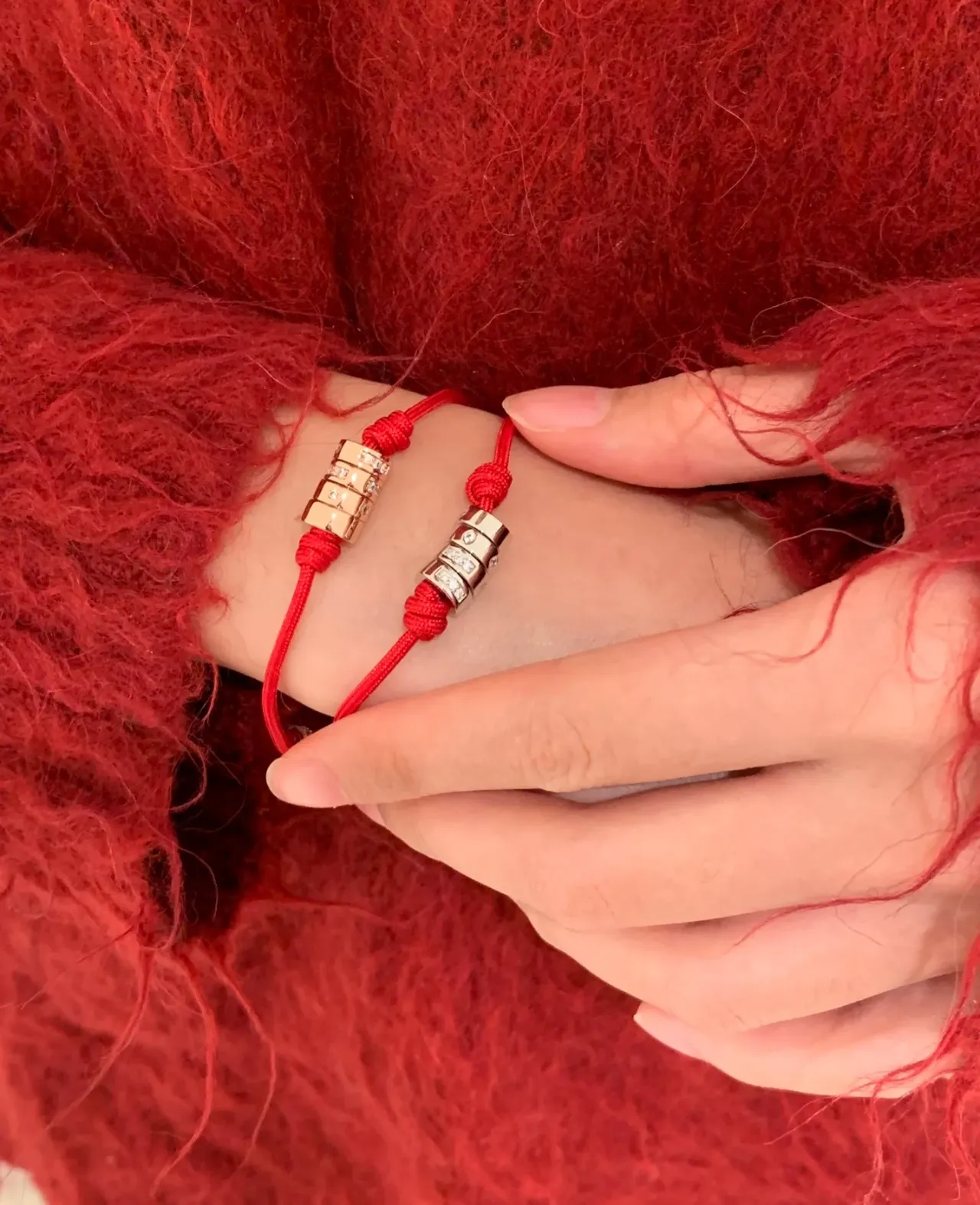 Red Silver Cord Four Cylindrical Metallic Beads Bracelet 3