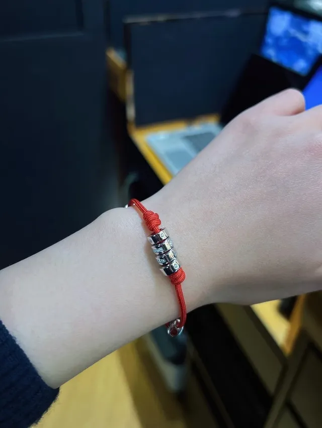 Red Silver Cord Four Cylindrical Metallic Beads Bracelet 4