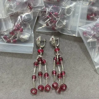 Red Silver Multi-Tier Chandelier Faceted Gemstone Beads Earrings