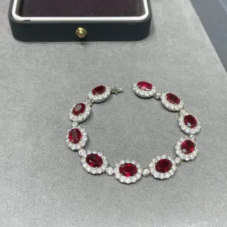 Centros de Gemas de Corte Oval Prata Vermelha Halo De Pedras Claras Pavé Pulseira