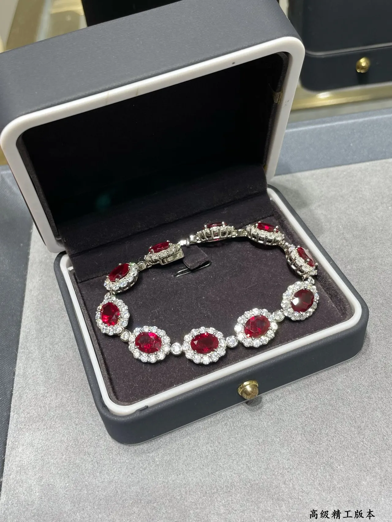 Red Silver Oval-Cut Gemstone Centers Halo Of Pavé Clear Stones Bracelet 2