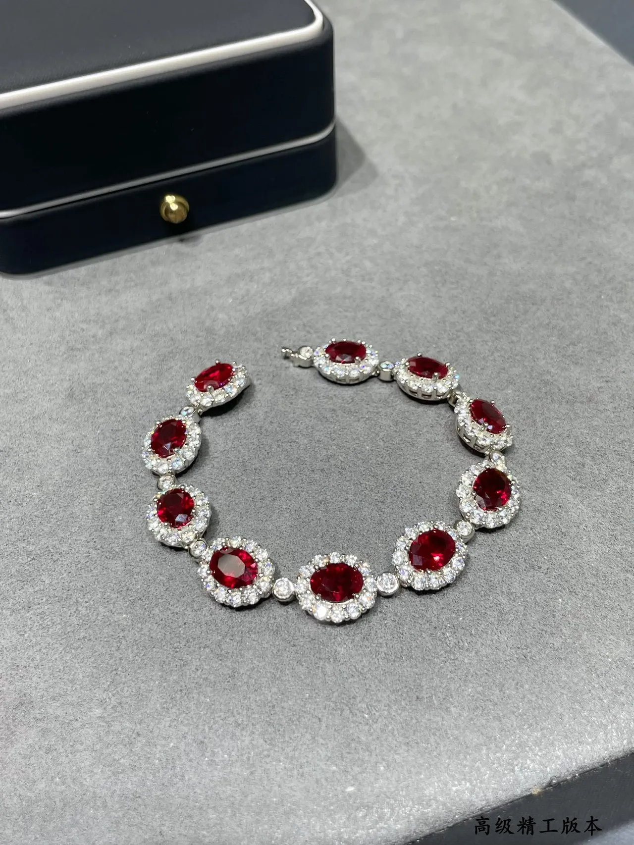 Red Silver Oval-Cut Gemstone Centers Halo Of Pavé Clear Stones Bracelet 3