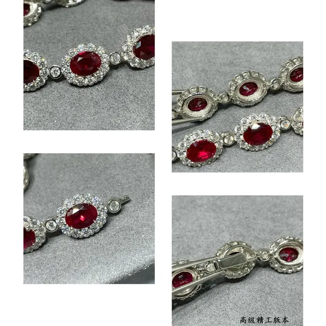 Red Silver Oval-Cut Gemstone Centers Halo Of Pavé Clear Stones Bracelet 4