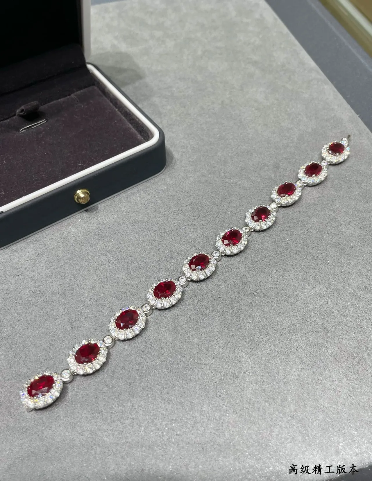 Red Silver Oval-Cut Gemstone Centers Halo Of Pavé Clear Stones Bracelet 5