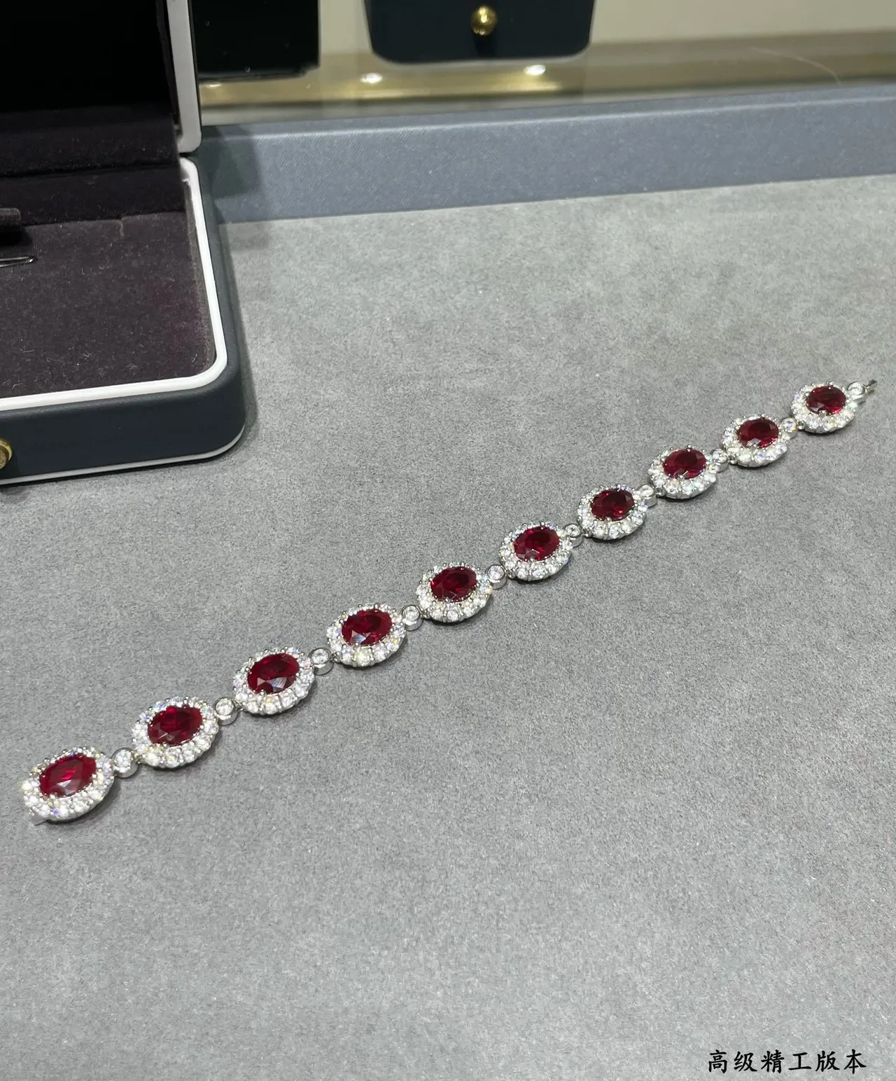 Red Silver Oval-Cut Gemstone Centers Halo Of Pavé Clear Stones Bracelet 6