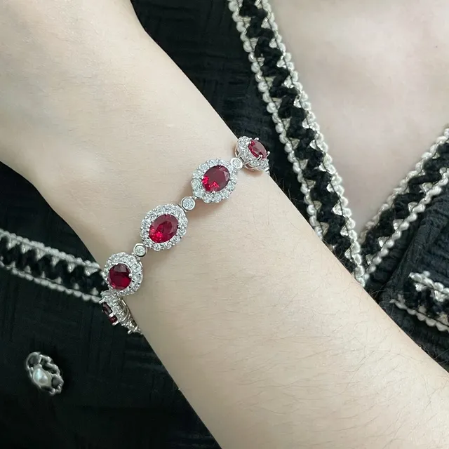 Red Silver Oval-Cut Gemstone Centers Halo Of Pavé Clear Stones Bracelet 7