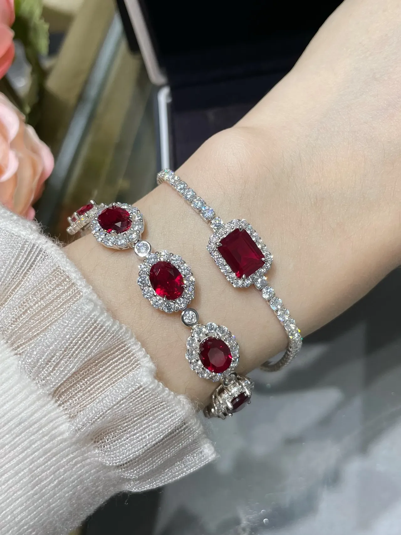 Red Silver Oval-Cut Gemstone Centers Halo Of Pavé Clear Stones Bracelet 8