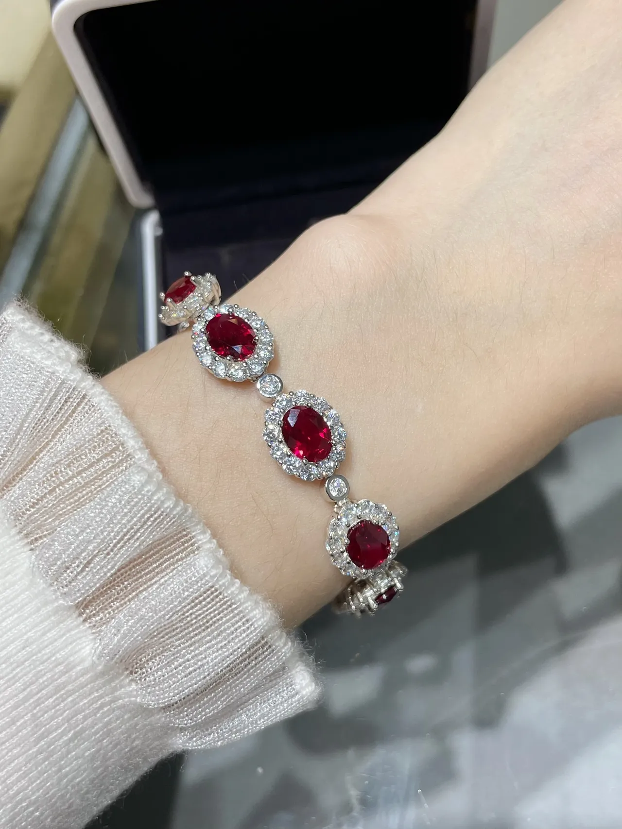 Red Silver Oval-Cut Gemstone Centers Halo Of Pavé Clear Stones Bracelet 9