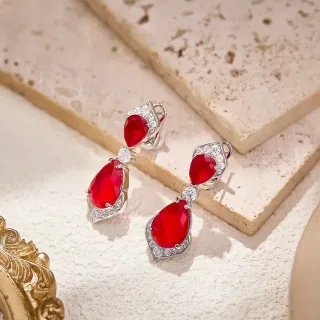 Red Teardrop Gemstone and Pavé Diamond Drop Earrings