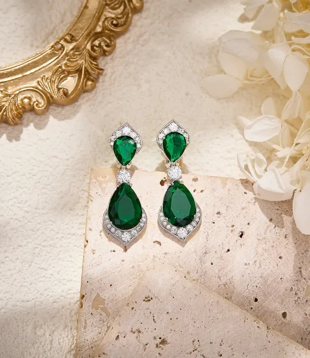 Red Teardrop Gemstone and Pavé Diamond Drop Earrings 7