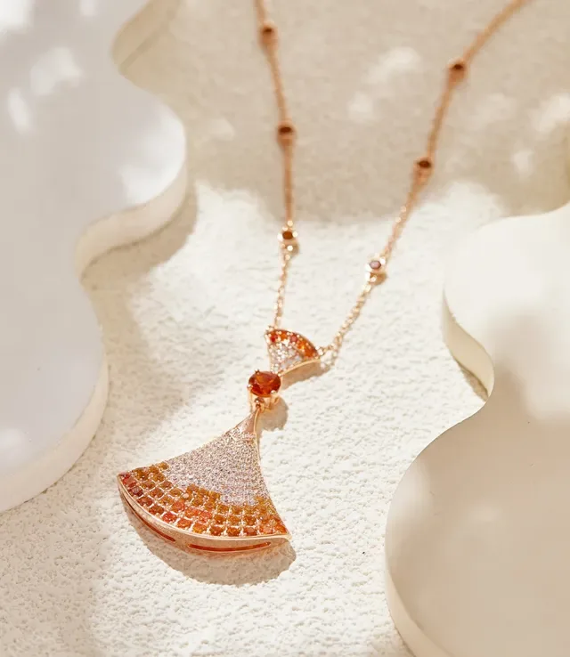 Rose Gold Fan-Shaped Gradient Gemstone Pendant Necklace 6