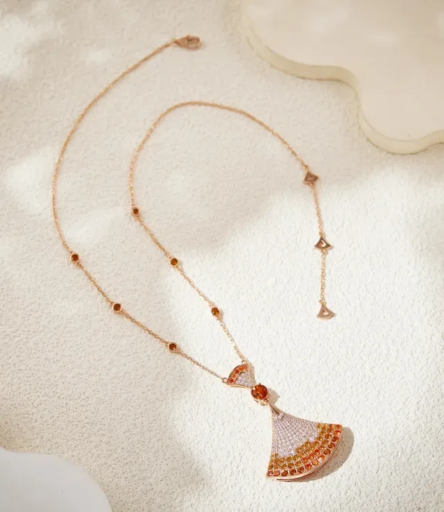 Rose Gold Fan-Shaped Gradient Gemstone Pendant Necklace 7