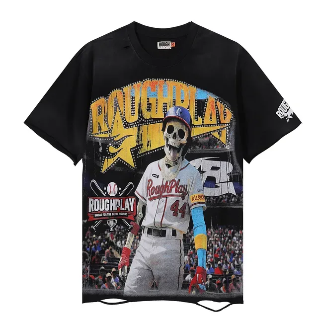 Rough Play Skeleton Baseball Graphic Distressed Black T-Shirt 3