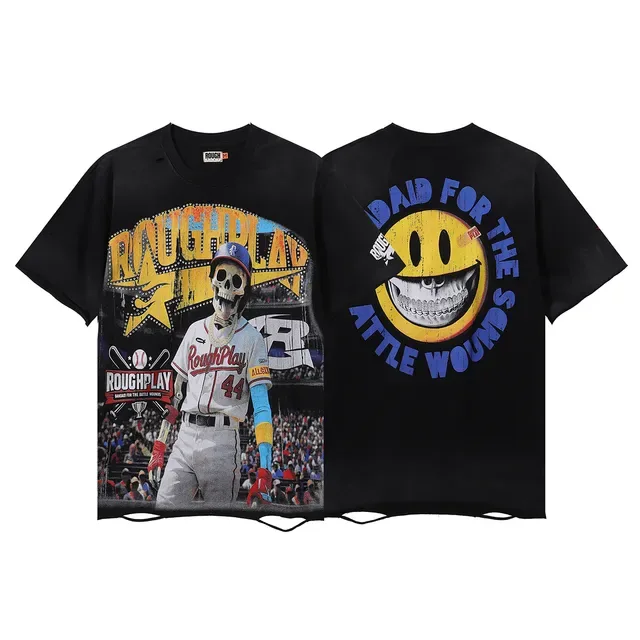 Rough Play Skeleton Baseball Graphic Distressed Black T-Shirt 4