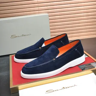 Santoni 海军橙麂皮白色对比鞋底乐福鞋