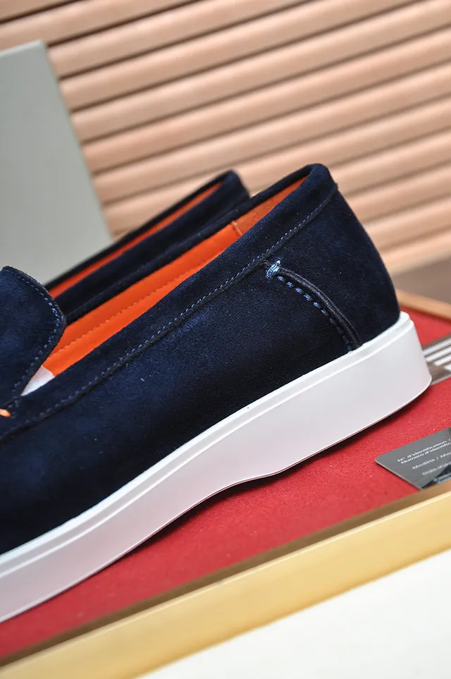 Santoni Navy Orange Suede White Contrast Sole Loafer 2