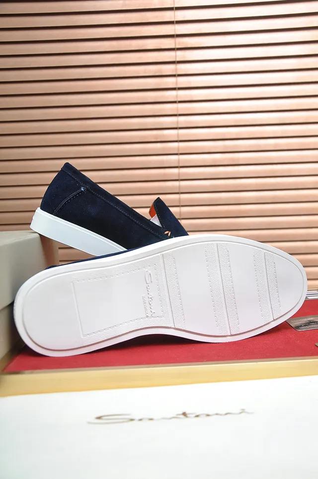 Santoni Navy Orange Suede White Contrast Sole Loafer 3