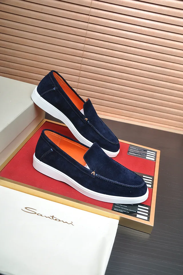 Santoni Navy Orange Suede White Contrast Sole Loafer 4