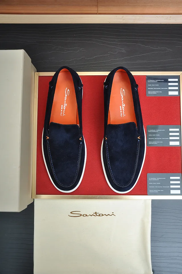 Santoni Navy Orange Suede White Contrast Sole Loafer 5