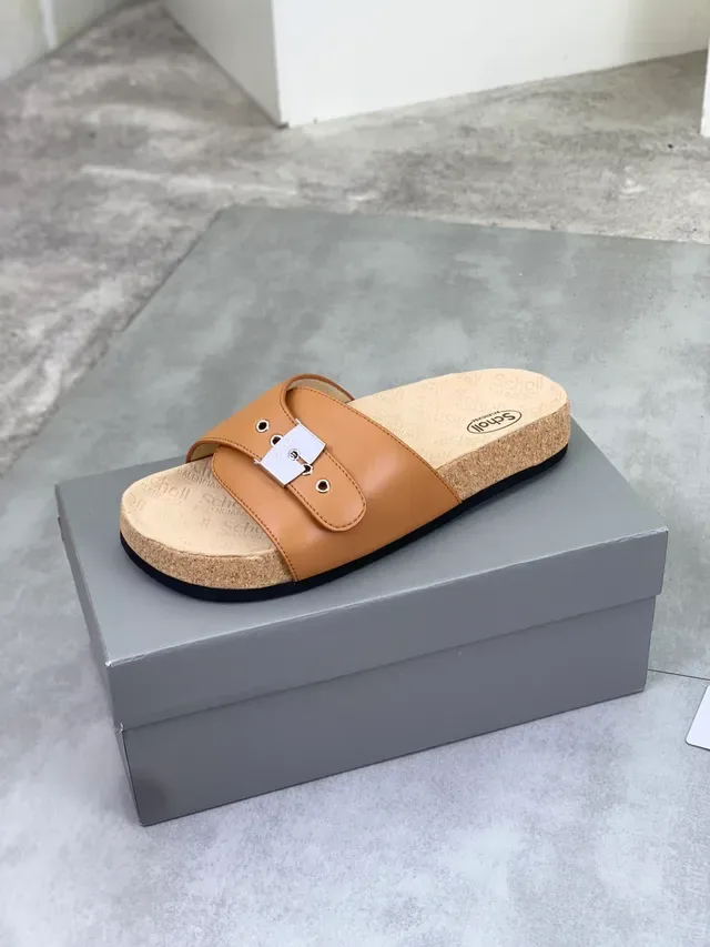 Scholl Tan Leather Strap Cork Sole Slippers 4