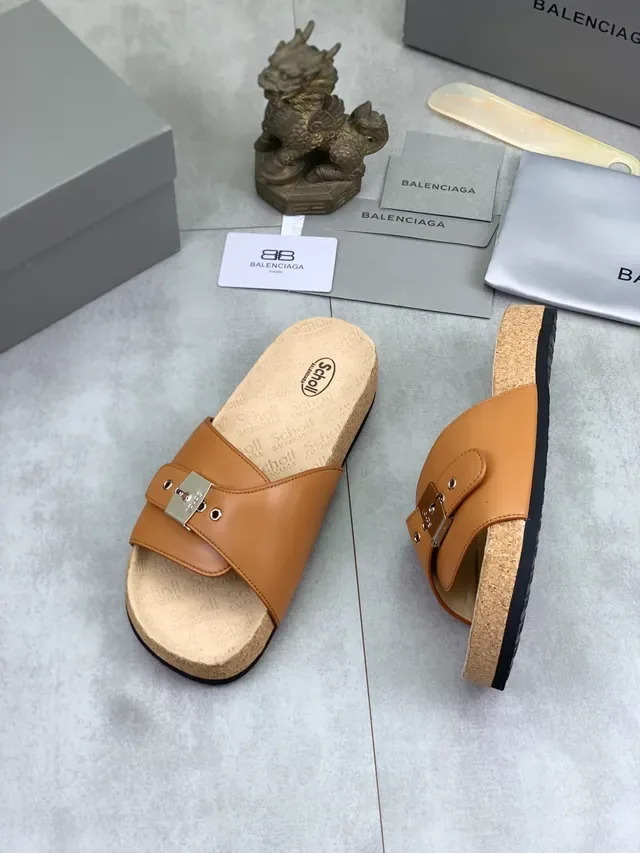Scholl Tan Leather Strap Cork Sole Slippers 5