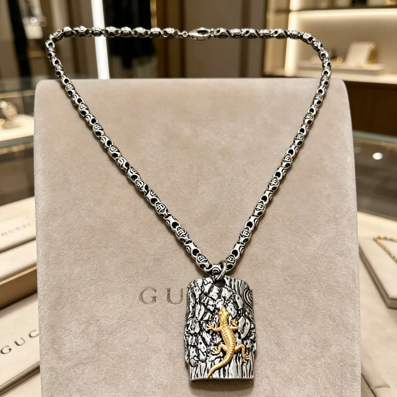 Silver and Gold Lizard on Textured Bark Pendant Necklace 3