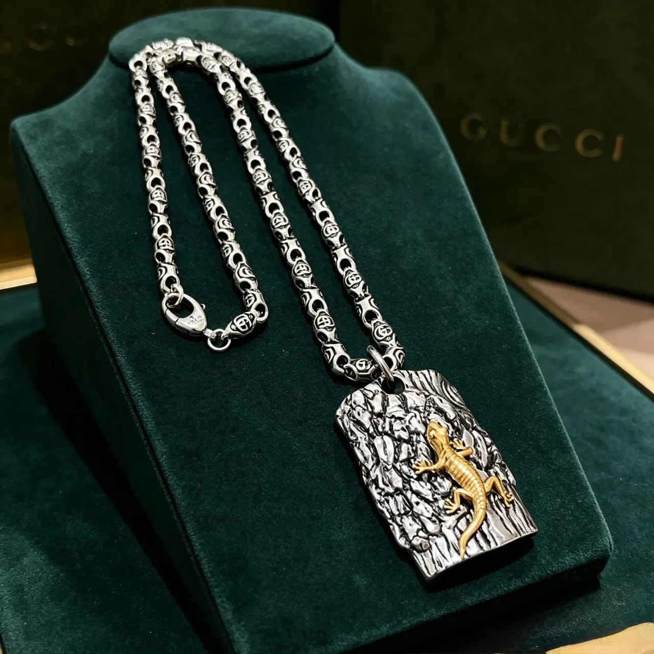 Silver and Gold Lizard on Textured Bark Pendant Necklace 5